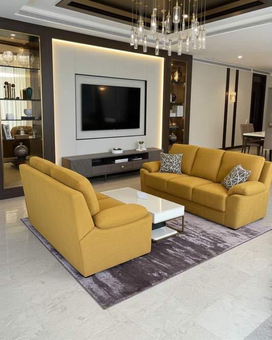 Elegant comfy sofa set in Ochre fabric, this 2+3 seater sofa set is handmade in europe