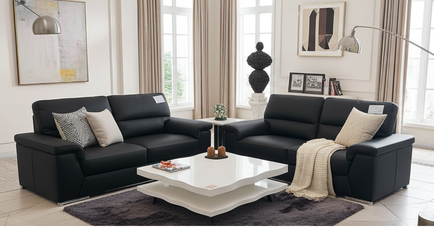Black full leather , 2 seater + 3 seater sofa set, with chrome feet. Extra padded cushions for superior comfort.