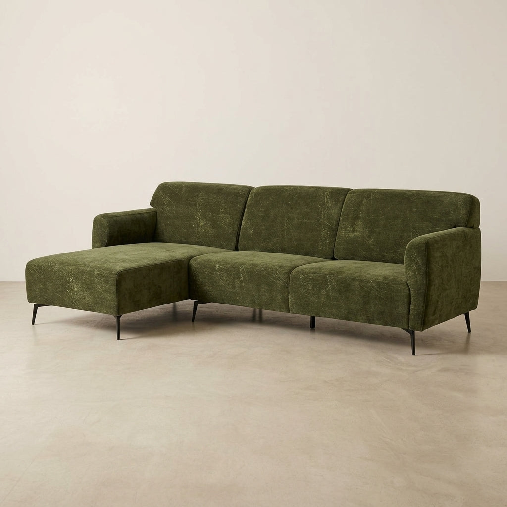Emerald fabric L-shape couch. Galeria Furniture Nelspruit.