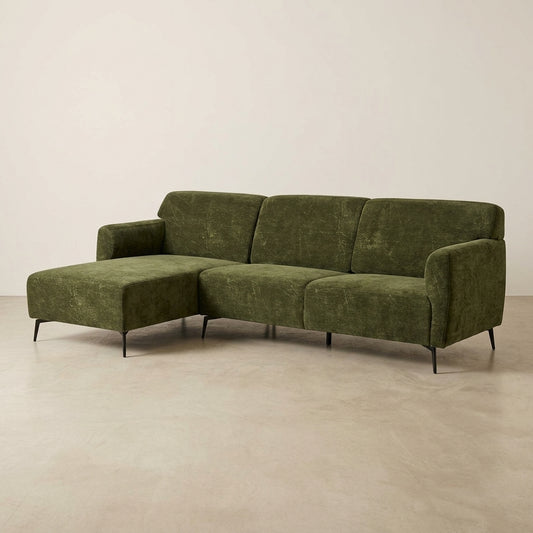 Emerald fabric L-shape couch. Galeria Furniture Nelspruit.