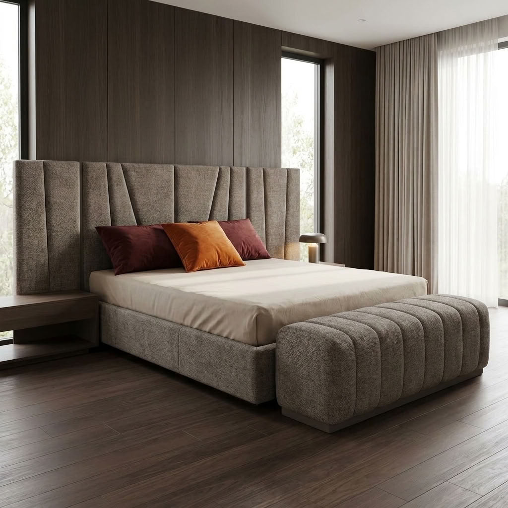 Upholstered sleigh bed in brown luxury fabric, bed includes ottoman. GALERIA FURNITURE SA.