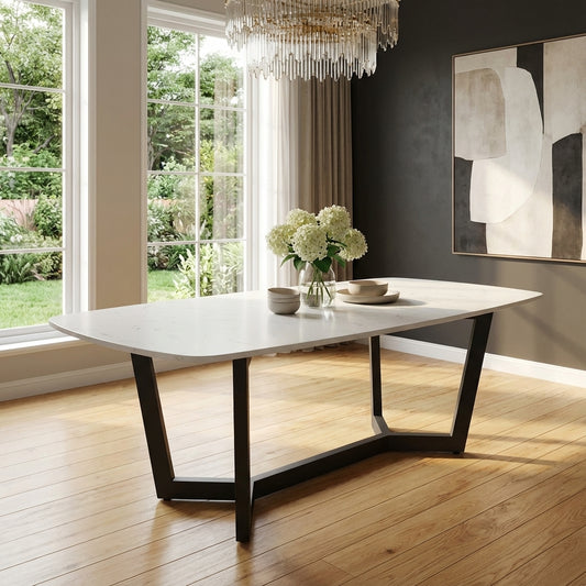 Stone top dining table with black steel legs or wooden leg options.