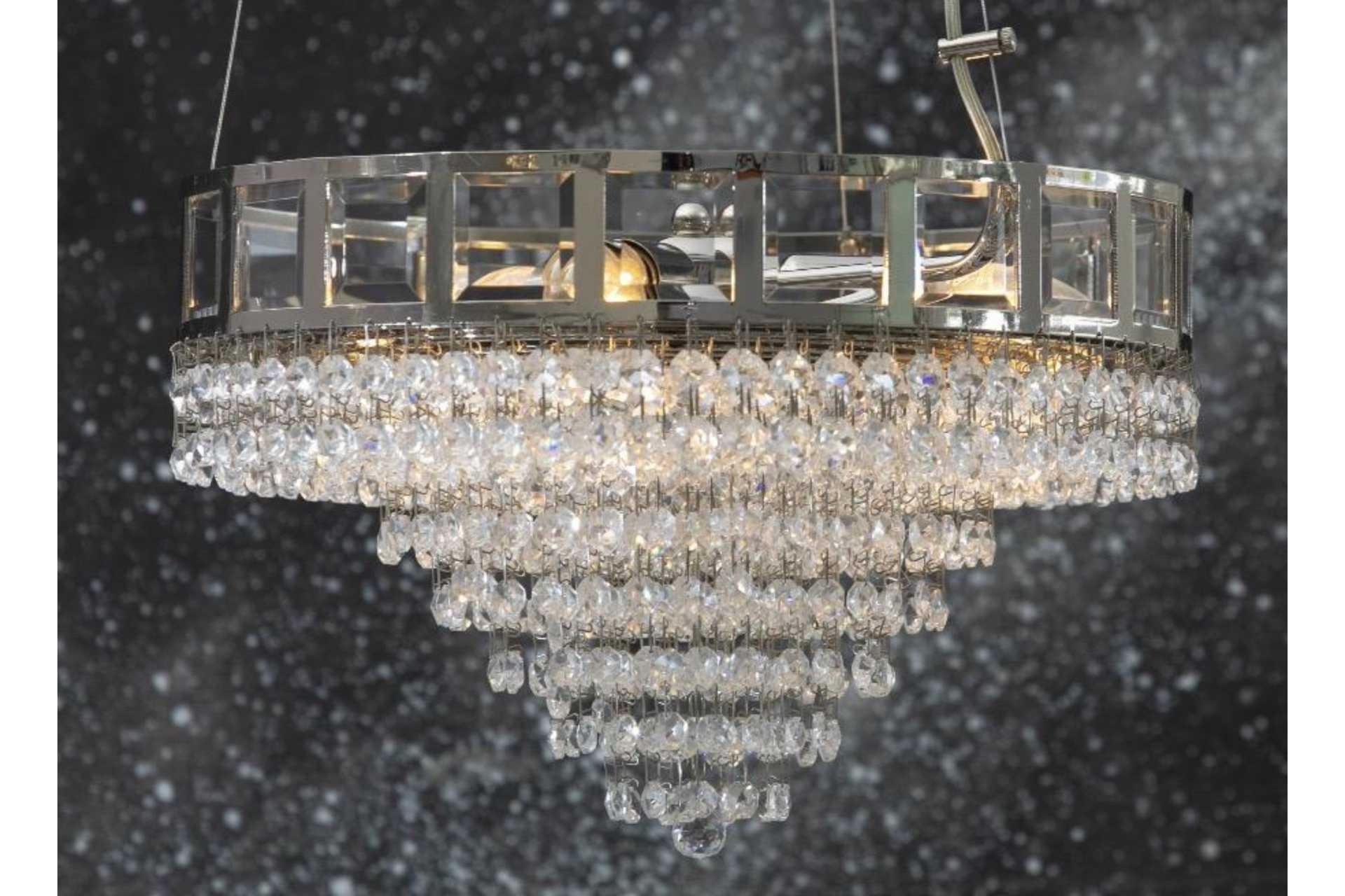 Crystal Chandelier with chrome detailing, can be mounted as a ceiling light.