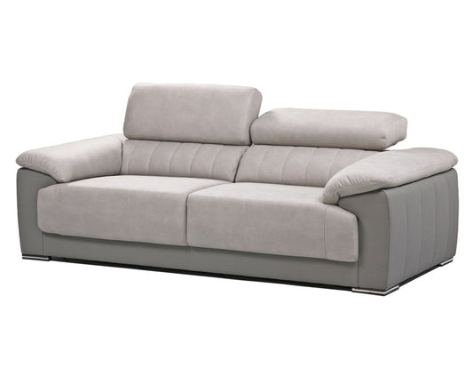 3 Seater couch with adjustable headrests in a light and dark grey easy clean fabric. 