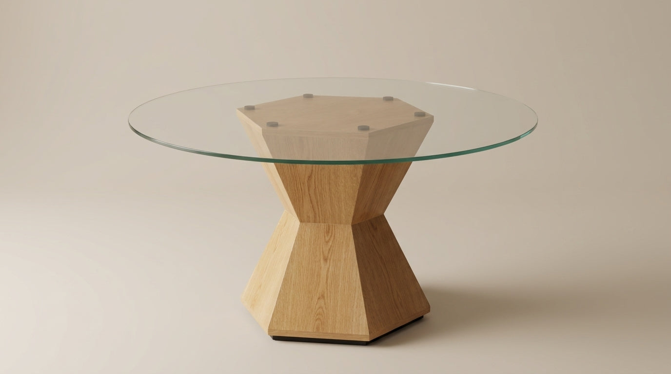 Round oak veneer glass-top dining table with sculptural cut-out leg base - Galeria SA