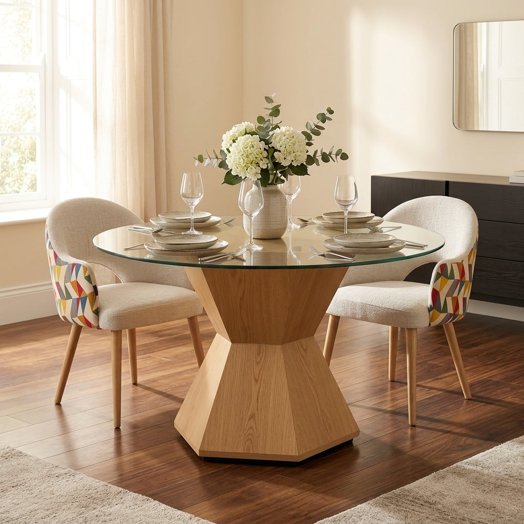 1.4m round dining table with tempered glass top styled in modern dining room, seats 4-6
