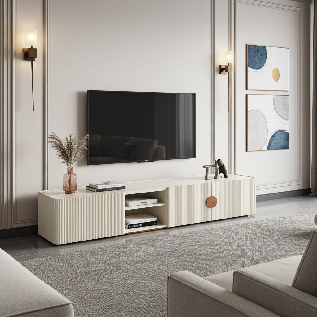 Designer TV stand with channel design and gold accents 