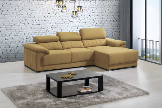 Fabric L-shaped couch with adjustable headrests