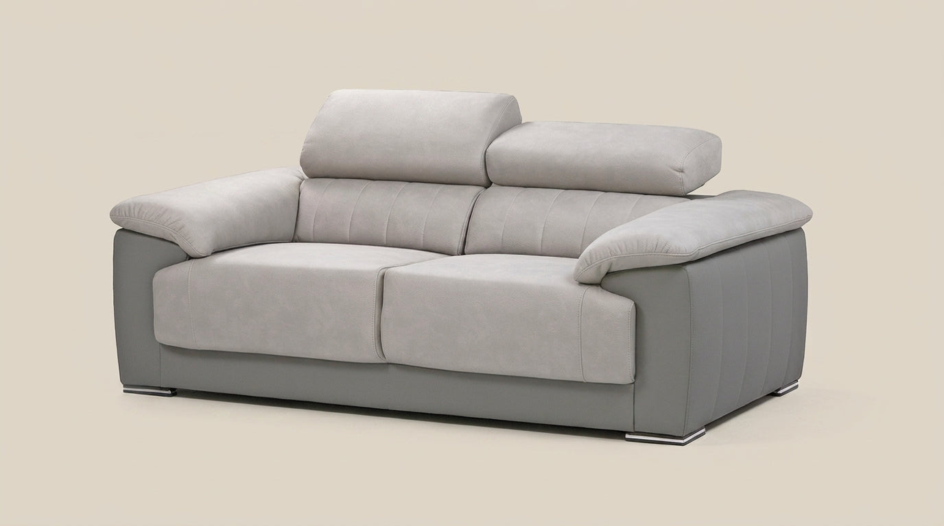 Orly 3 seater couch with adjustable headrests. Grey and stone fabric. Euro Crafted. Exclusive to Galeria Furniture in south africa. 