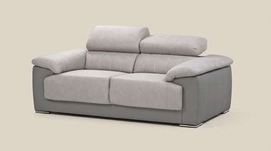 Orly 3 seater couch with adjustable headrests. Grey and stone fabric. Euro Crafted. Exclusive to Galeria Furniture in south africa. 