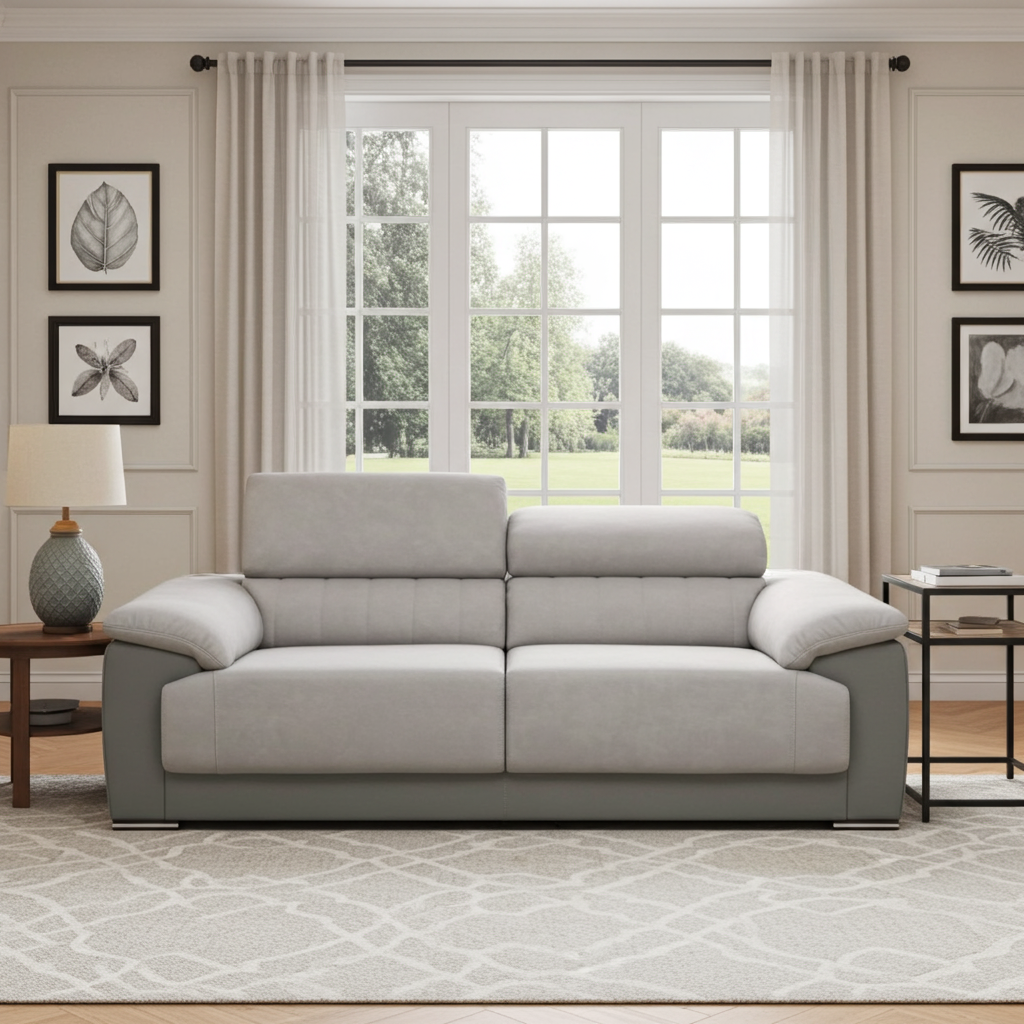 3 seater couch in light grey and stone colour and with adjustable headrests.