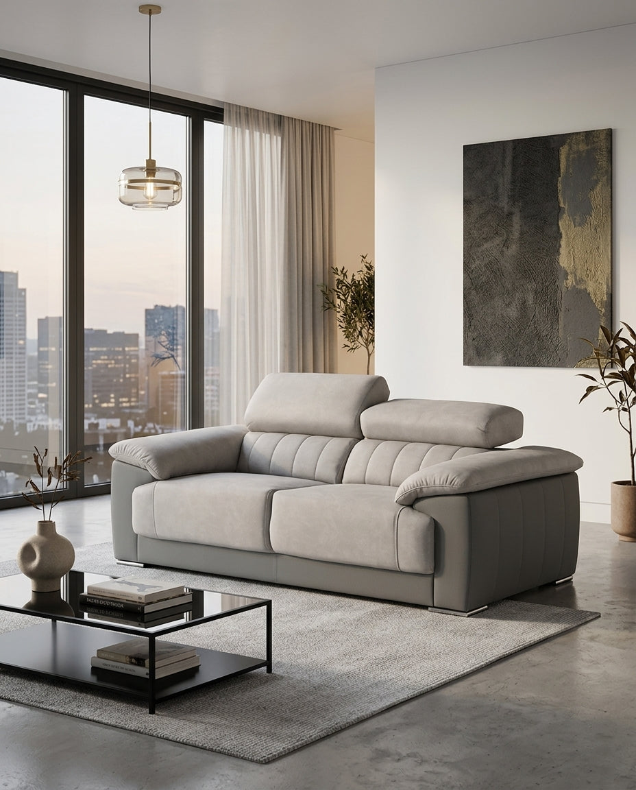 Adjustable headrests, 3 seater sofa, light beige and grey fabric. Euro crafted sofas. Exclusive to Galeria Furniture South Africa.