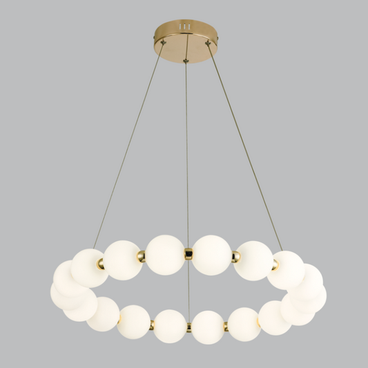 ring chandelier, white glass balls and gold brass detail.