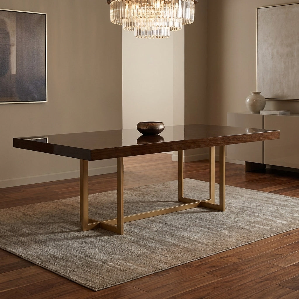 Luxury wood dining table with gold steel legs, available at Galeria Furniture nelspruit