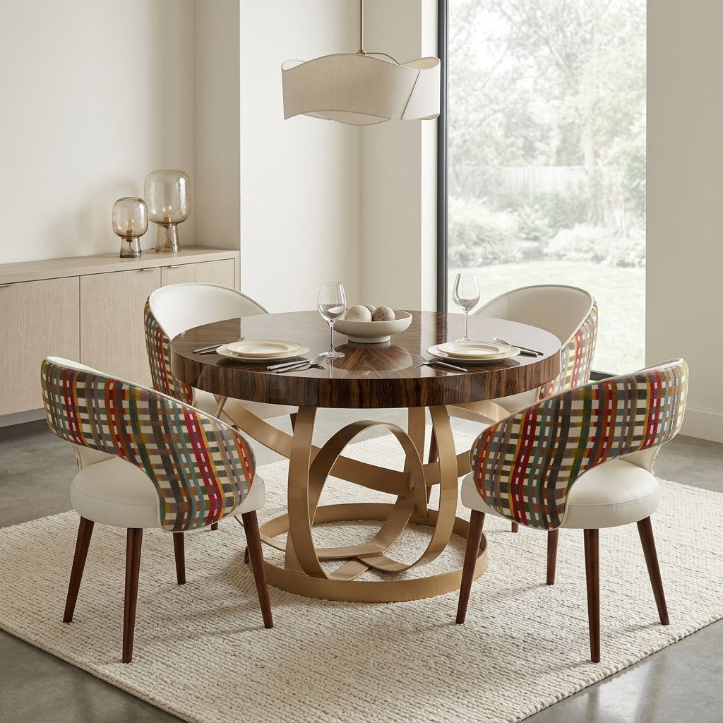 Luxury round wood dining table with twirly gold brass legs. Euro crafted . Galeria furniture South Africa