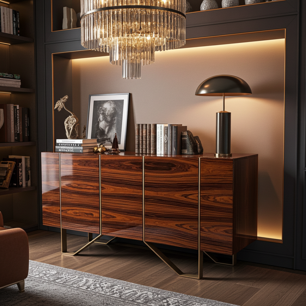Luxury wooden sideboard with gold steel accents