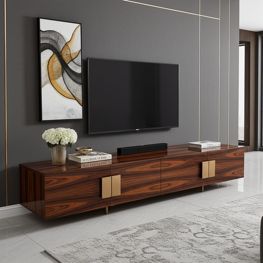 Luxury tv stand in luxury wood with dark grain and gold brass handles.