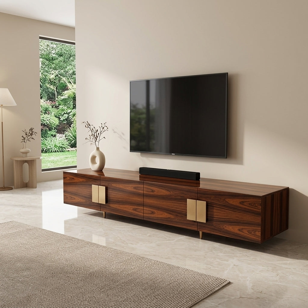 luxury brown tv stand with gold brass handles and feet. European made furniture. Galeria Furniture South Africa. delivery nationwide.