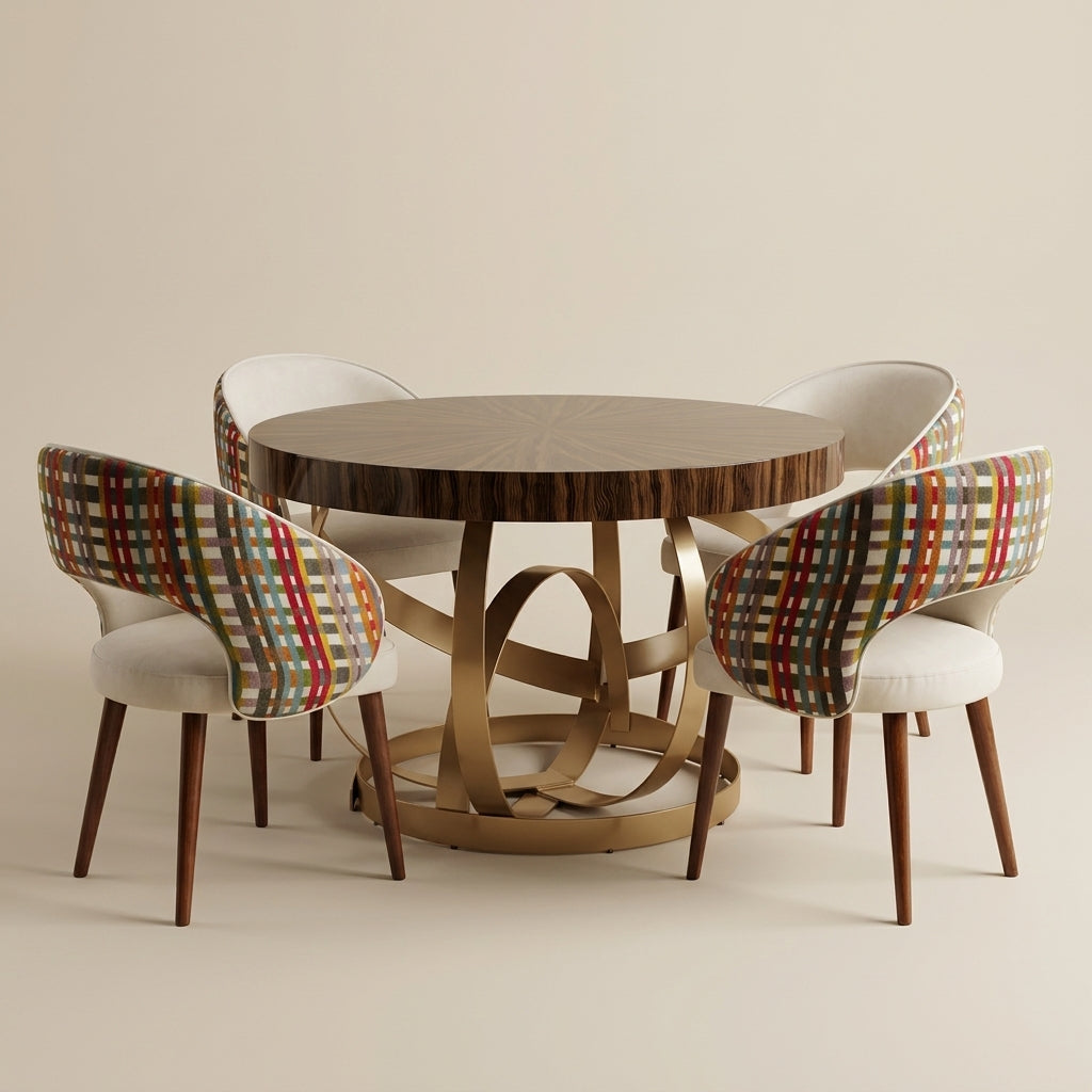 Luxury round wood dining table with twirly gold brass legs. With Sofala dining chairs Euro crafted . Galeria furniture South Africa