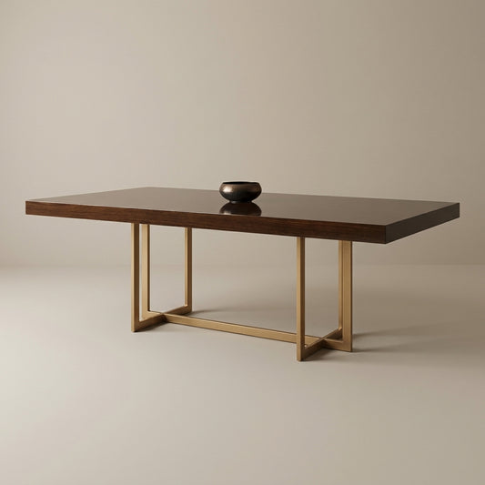 8 seater dining table with luxury wooden top and gold brass legs. Handcrafted in Europe. Exclusive to Galeria Furniture in Mbombela.