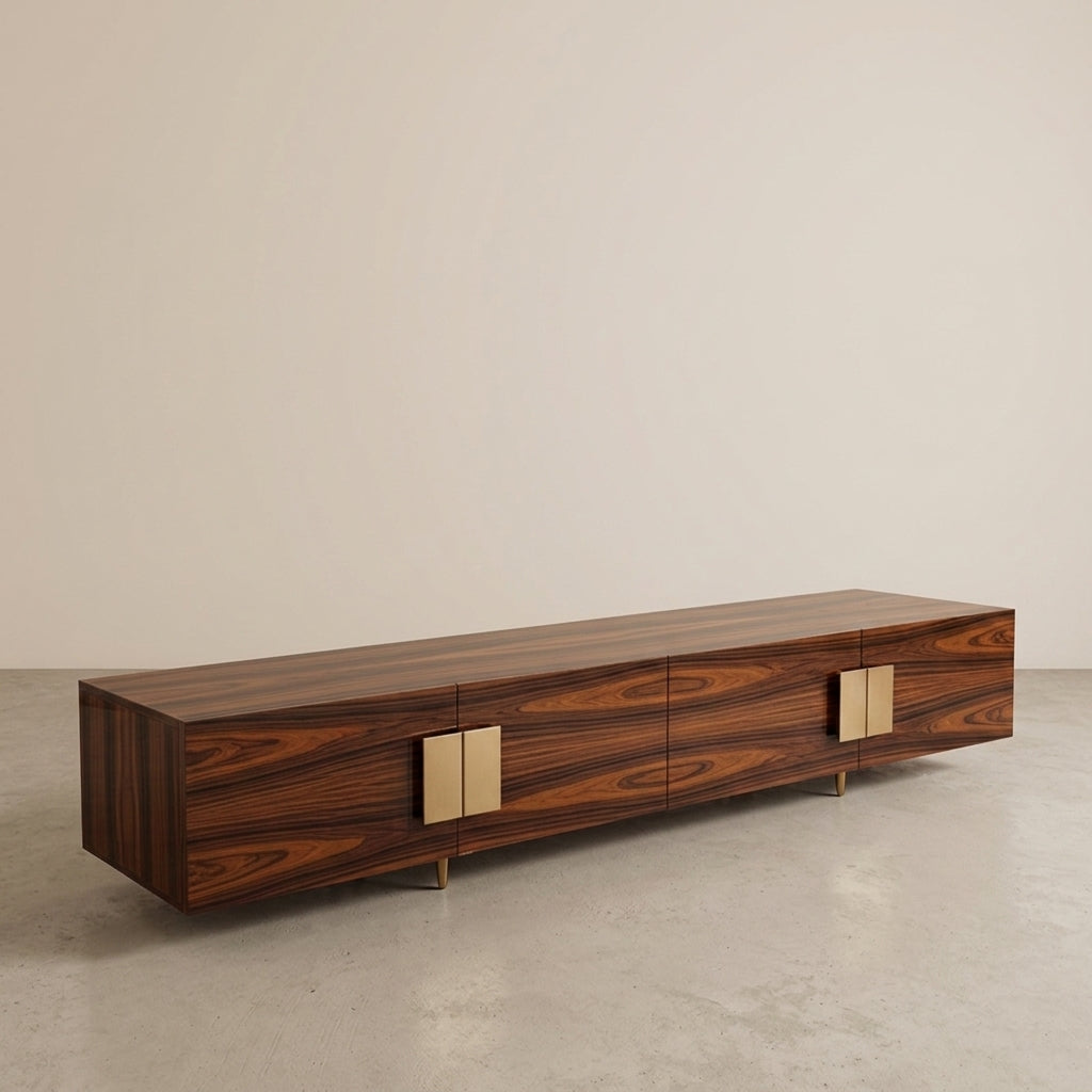 Luxury wood TV stand with gold brass details. Euro created, sold exclusively at Galeria Furniture South Africa.