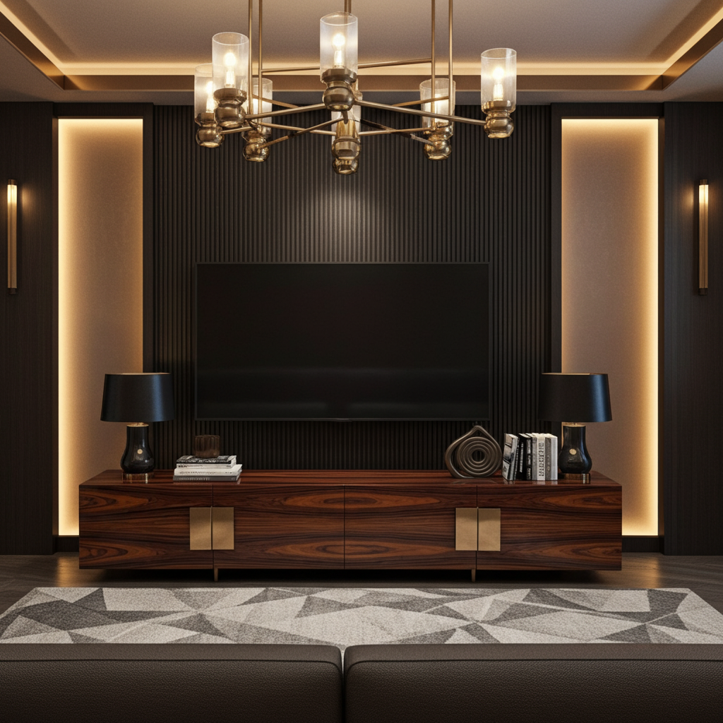 Luxury Tv stand in gloss wood and gold accents