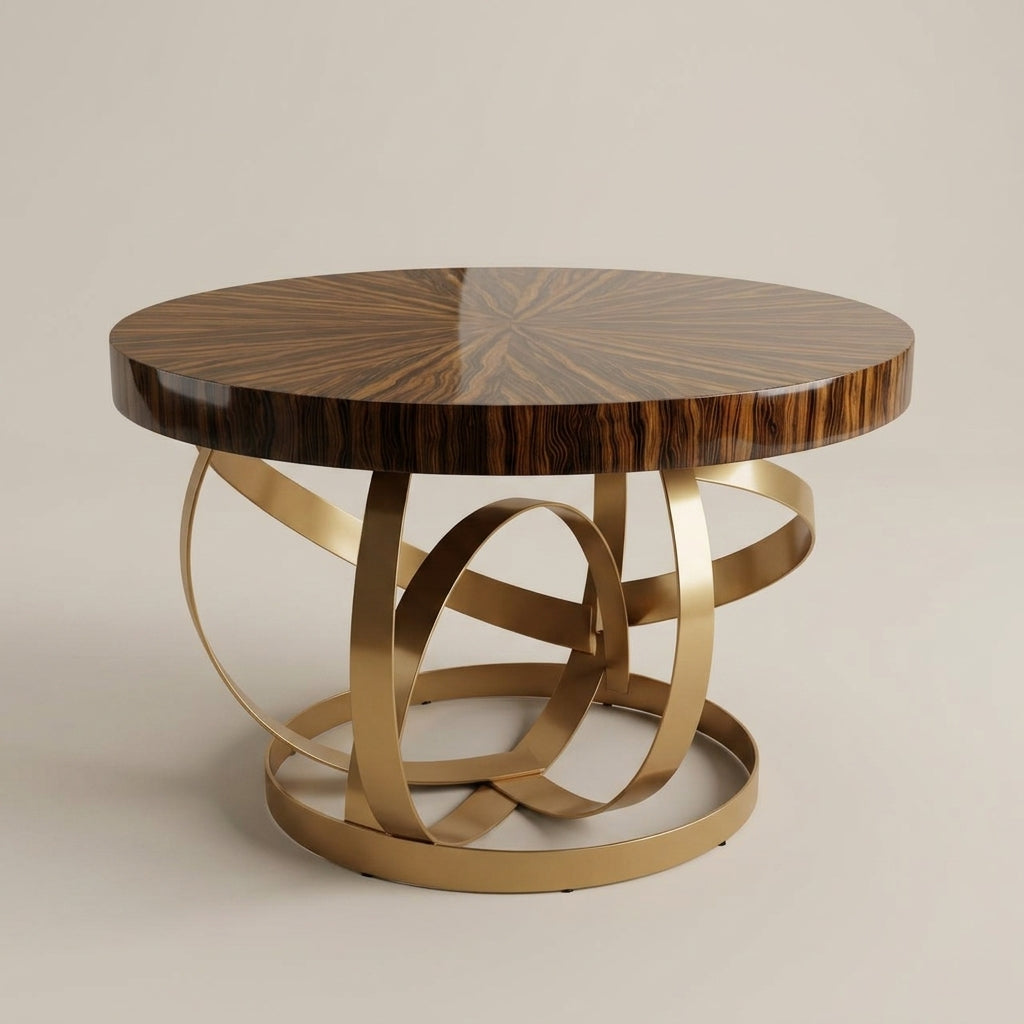 Luxury round wood dining table with twirly gold brass legs. Euro crafted . Galeria furniture South Africa