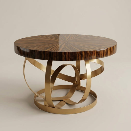 Luxury round wood dining table with twirly gold brass legs. Euro crafted . Galeria furniture South Africa