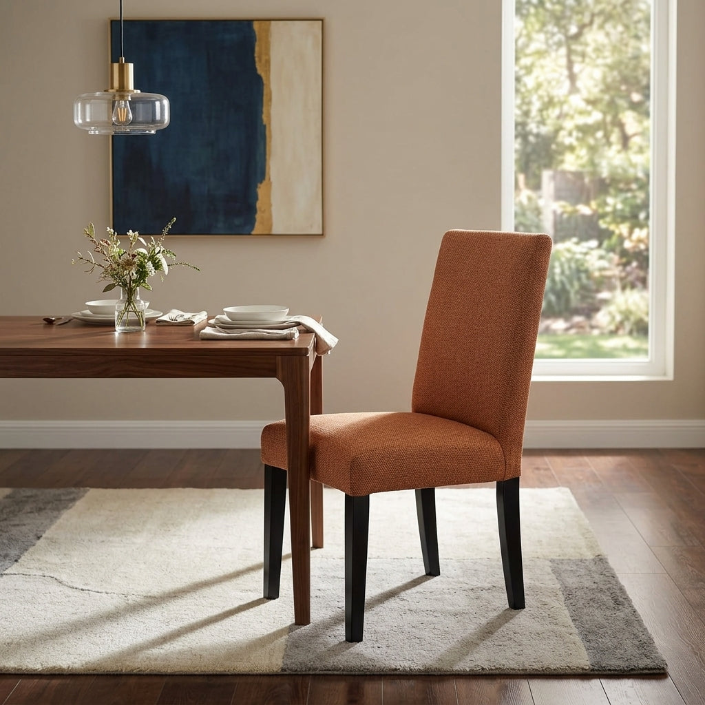 Paris Dining Chair in Guilty Rust styled in modern dining room with wooden table - luxury rust upholstered chair. Galeria Furniture South Africa