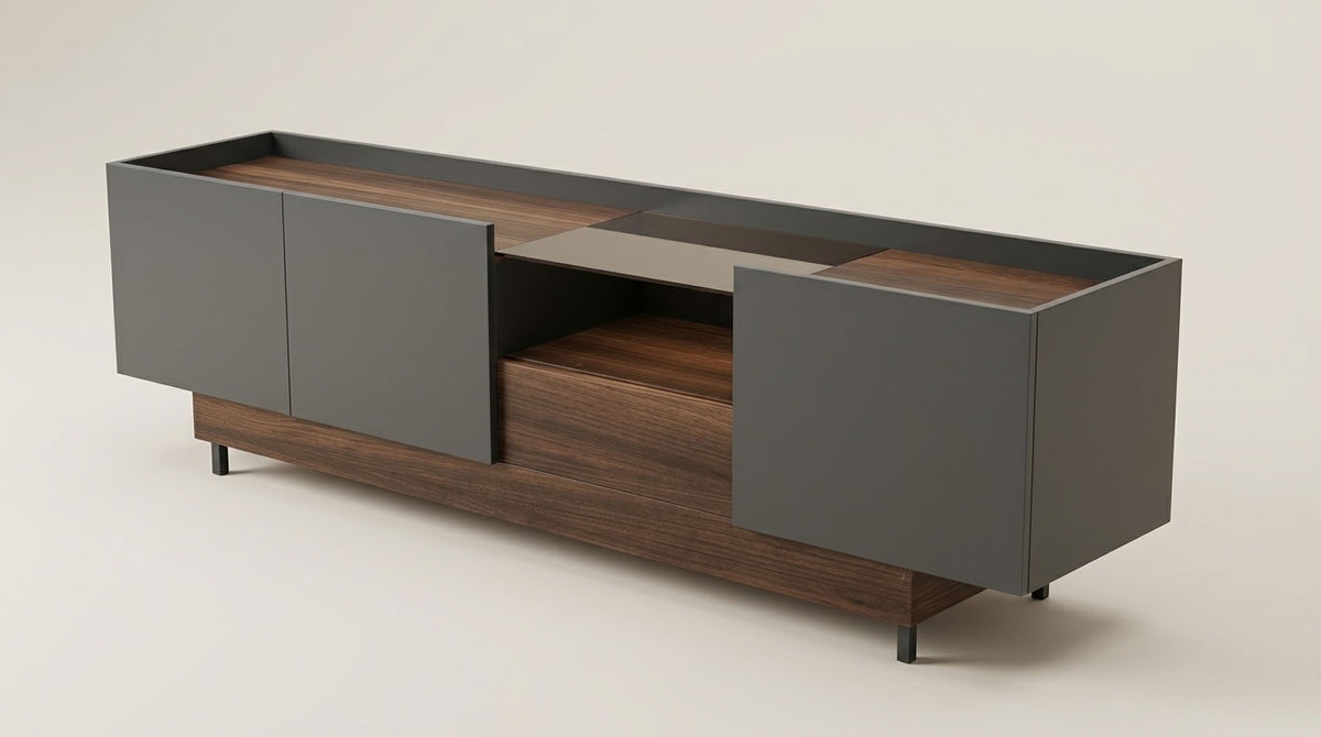 Designer TV stand. Euro Crafted. Dark grey and dark wood. GALERIA FURNITURE SA