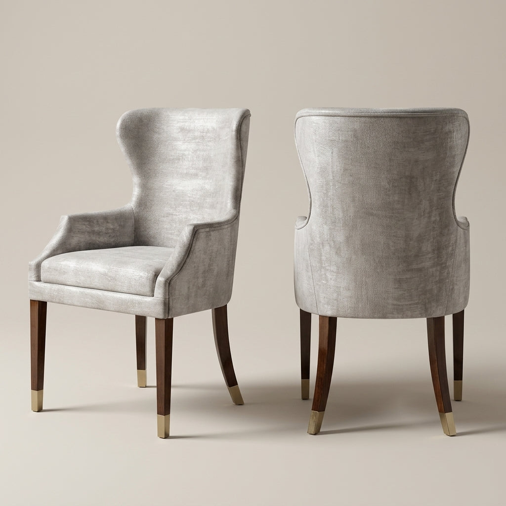 Light grey fabric wing-back dining chair. Galeria SA