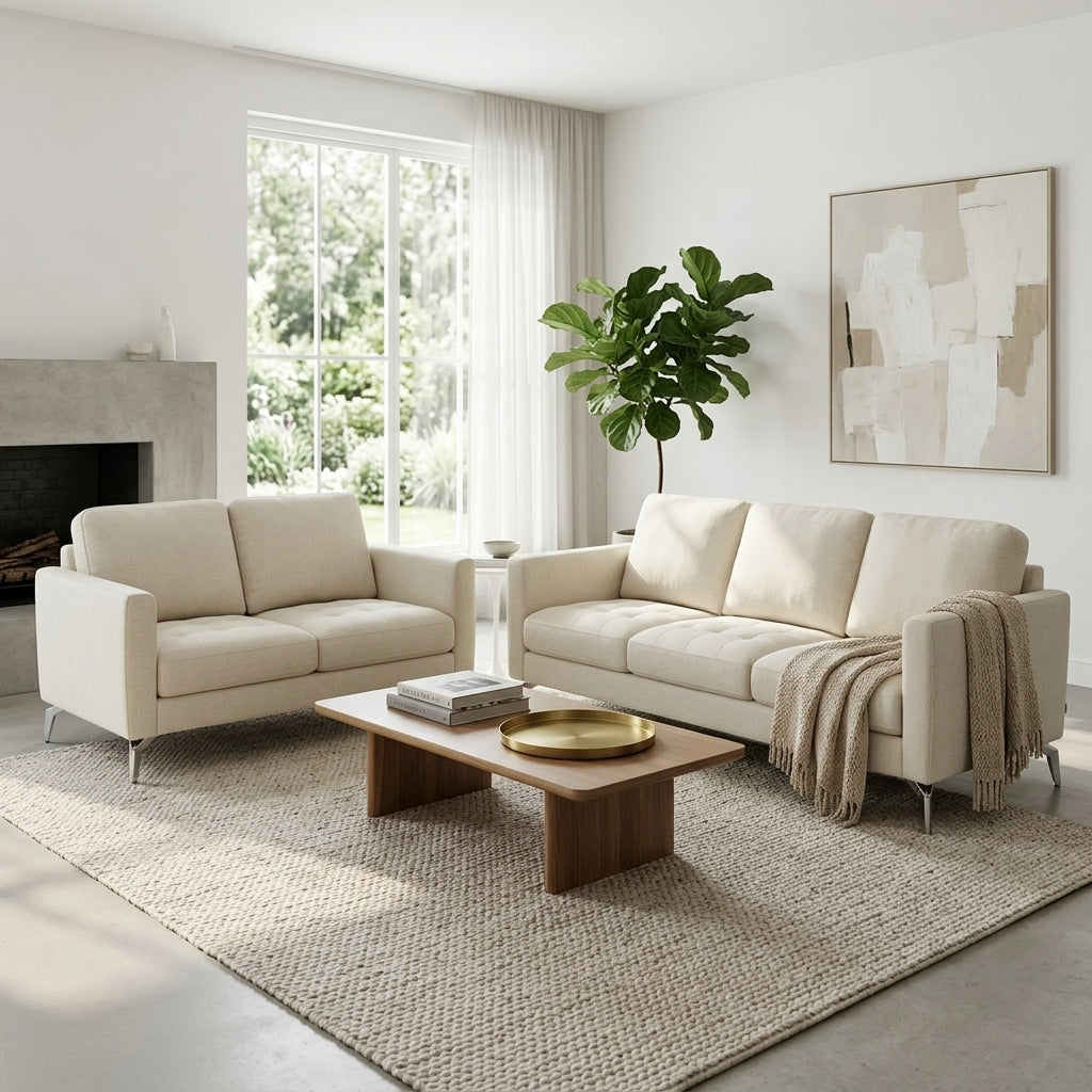 Robbie 2 and 3 Seater Sofa Pearl styled in luxury contemporary living room - buy sofa set at Galeria SA