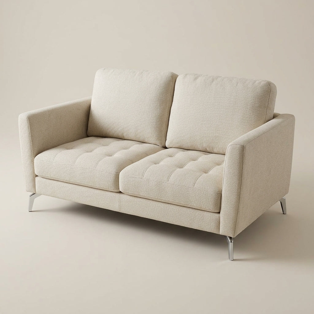 Robbie 2 Seater Sofa Pearl - tufted cream fabric loveseat with silver steel legs - luxury sofa South Africa