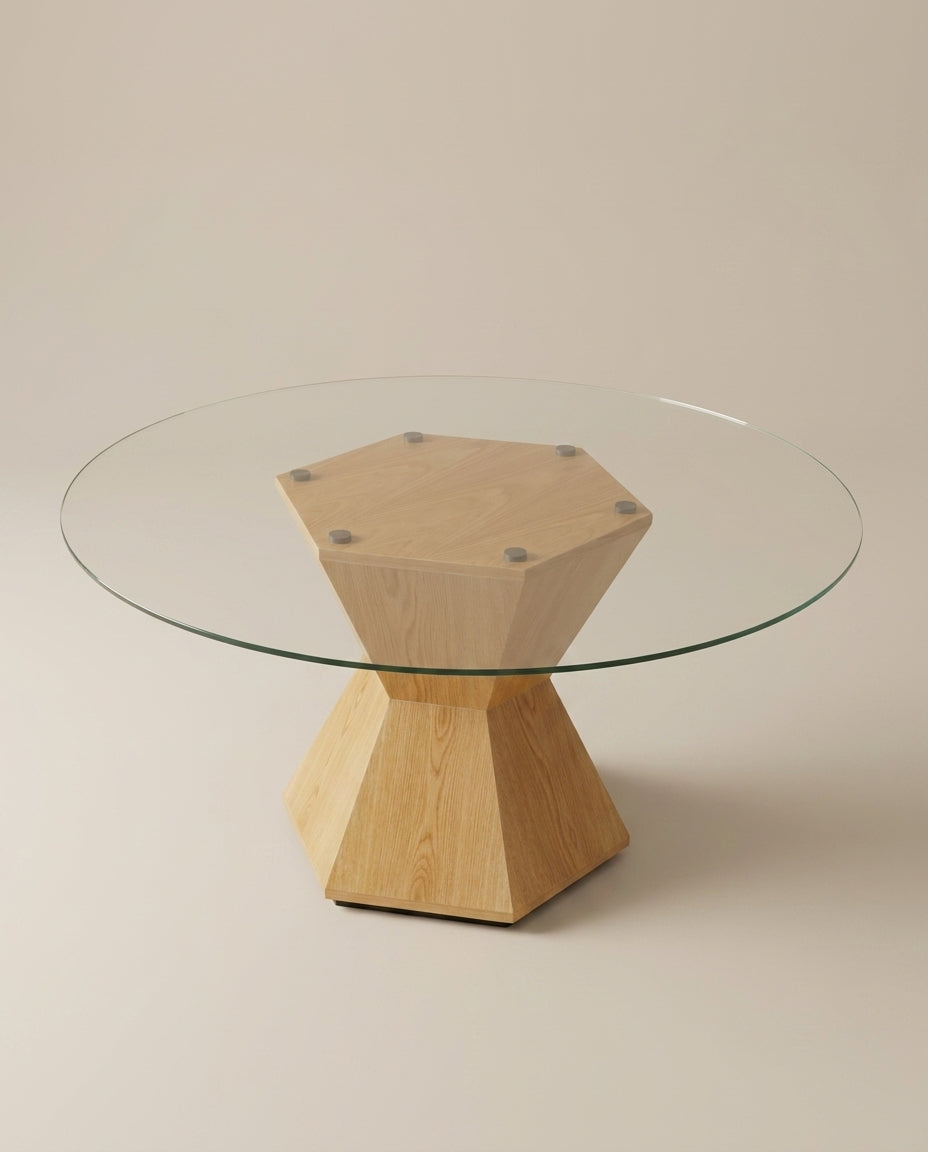 Oak veneer centre leg with unique geometric cut-out design on round glass dining table