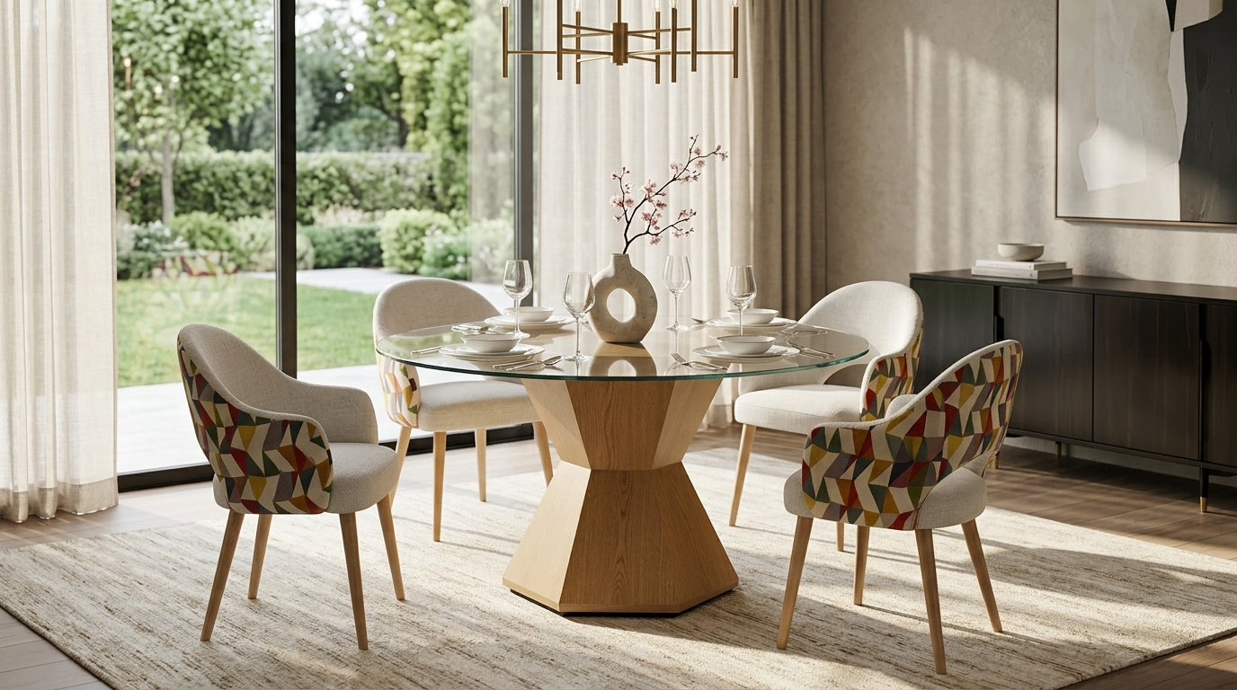 Round glass-top oak dining table for 4-6 seaters in South African dining room setting