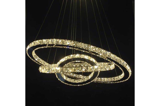 3 ring crystal chandelier with adjustable height and angle.