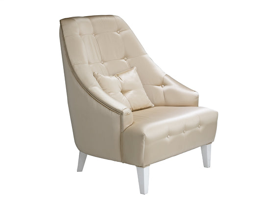 luxury armchair in gold glossy fabric with button detail and white wooden legs. 