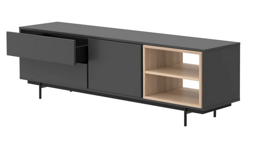 Wooden tv stand or storage cabinet, with 2 drawers and door and open shelves.