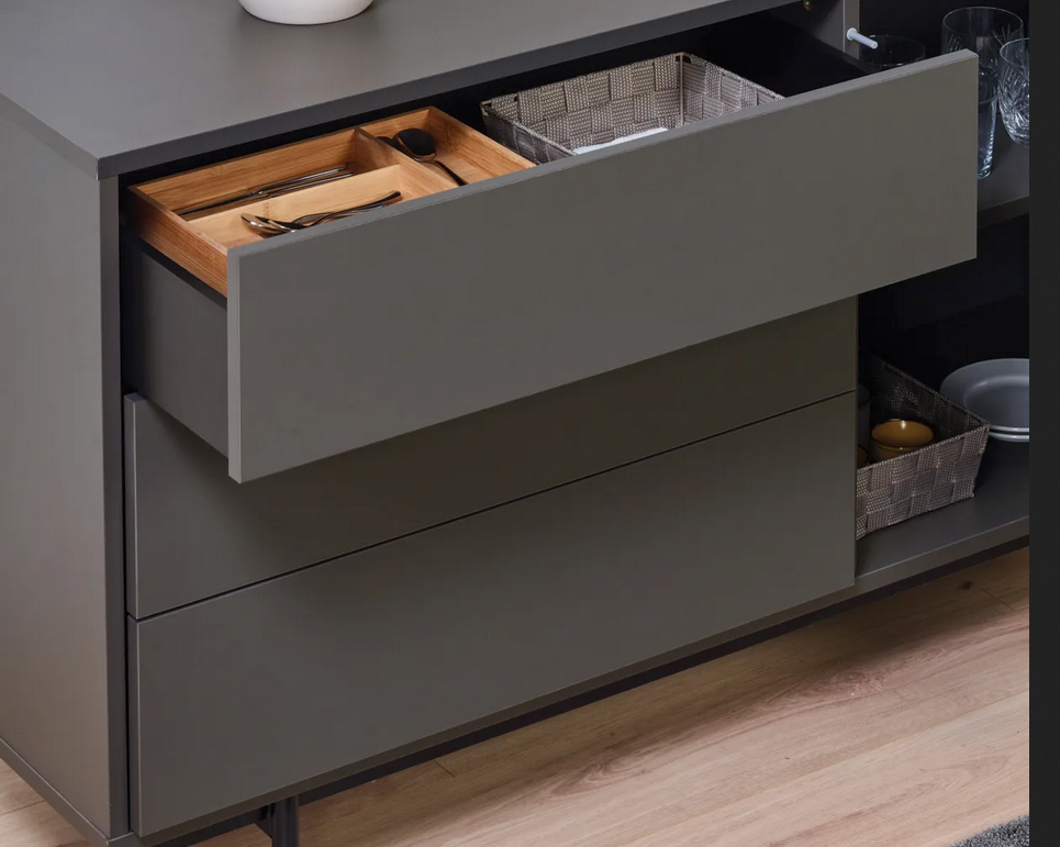 sideboard cabinet with 3 drawers, doors and open shelves. Finished in dark grey wood with light oak.