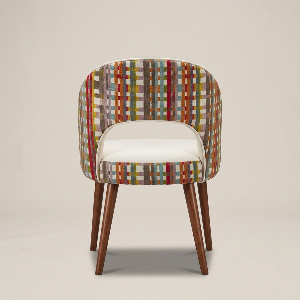 Multicolored checkered chair with wooden legs. Designer Chair Galeria Furniture SA