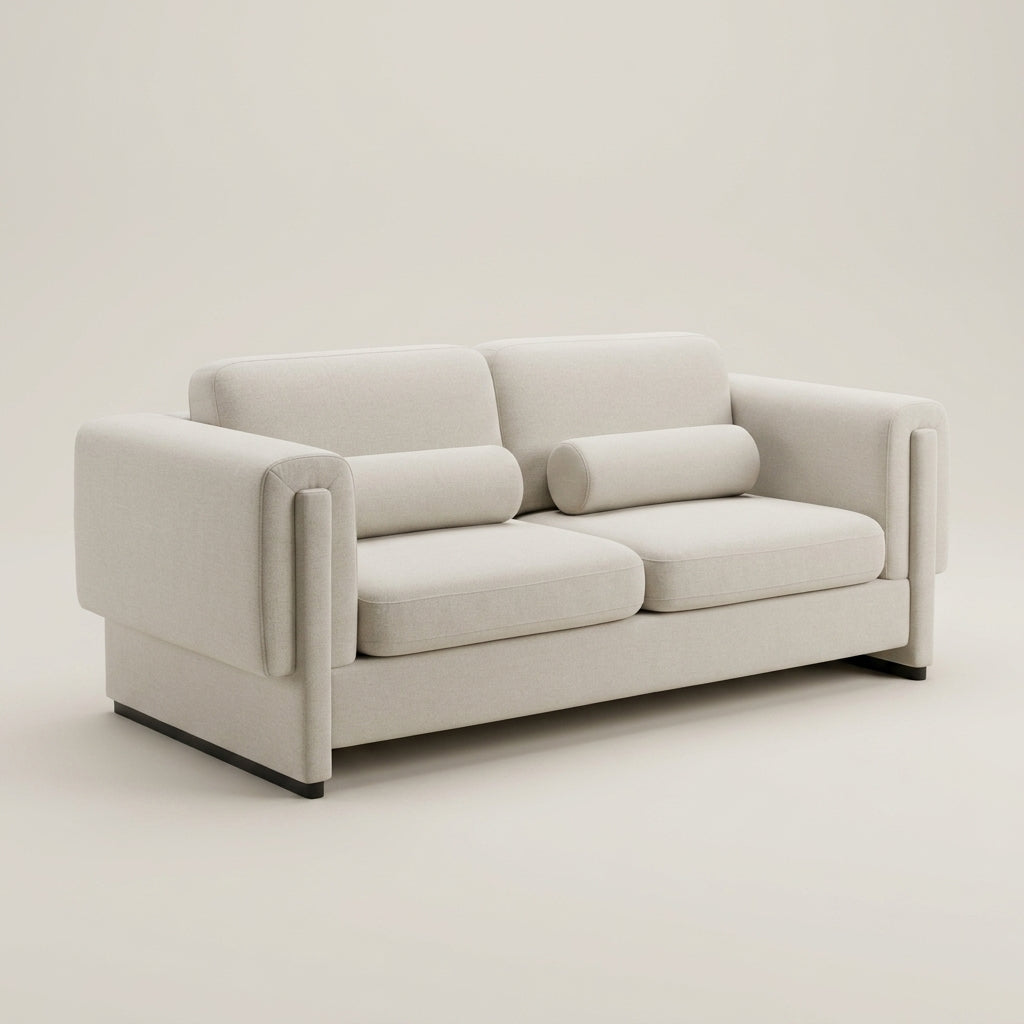 Sofa JA in Kenya Pearl - luxury 2 seater sofa with cream pearl fabric, wrap-over arms and dark wooden legs