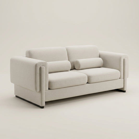 Sofa JA in Kenya Pearl - luxury 2 seater sofa with cream pearl fabric, wrap-over arms and dark wooden legs