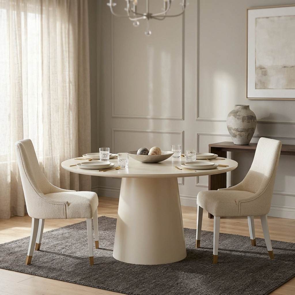 Soft white dining table set for 4-6 in elegant dining room with chandelier and sideboard - Galeria SA
