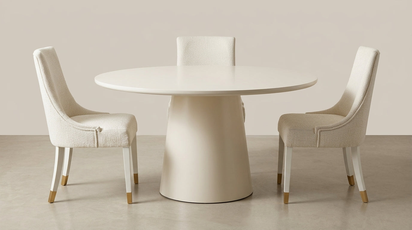Soft white round dining table with two upholstered dining chairs, 4-6 seater - Galeria SA