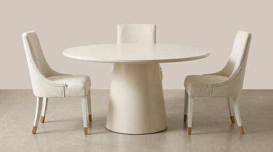 Soft white round dining table with two upholstered dining chairs, 4-6 seater - Galeria SA