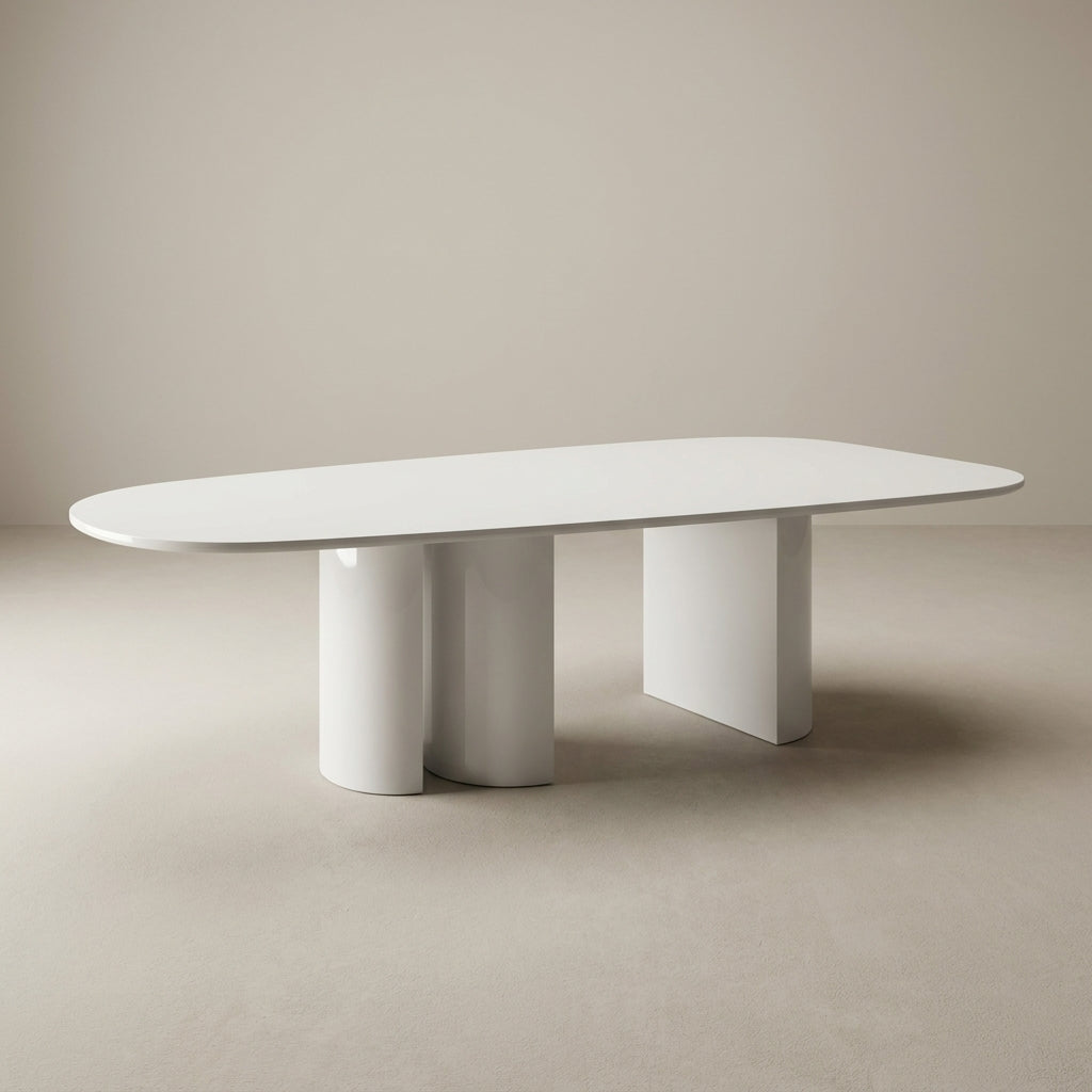 designer dining table white oblong shape with 3 pillar legs luxury furniture