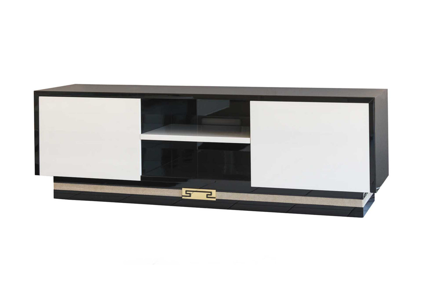 Tv stand in black gloss wood with beige gloss wood. Two door TV stand.