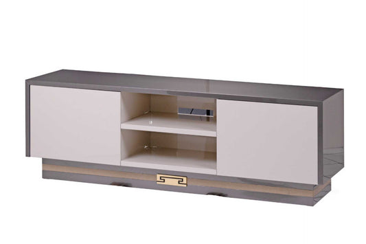 TV stand in glossy grey and taupe wood finish.