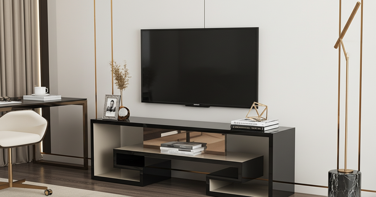 Small Modern TV stand in gloss black and light gold finish. 