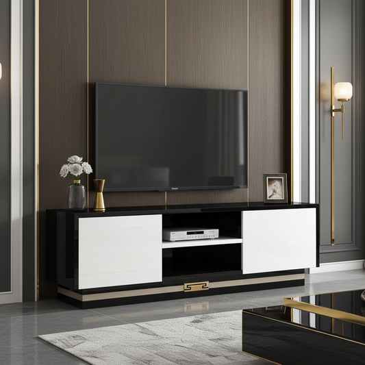 Luxury TV stand in gloss black and ivory wood.